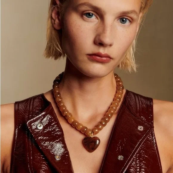 Sezane Rich Brown Beaded Necklace with Heart Pendant - Picture 2 of 3